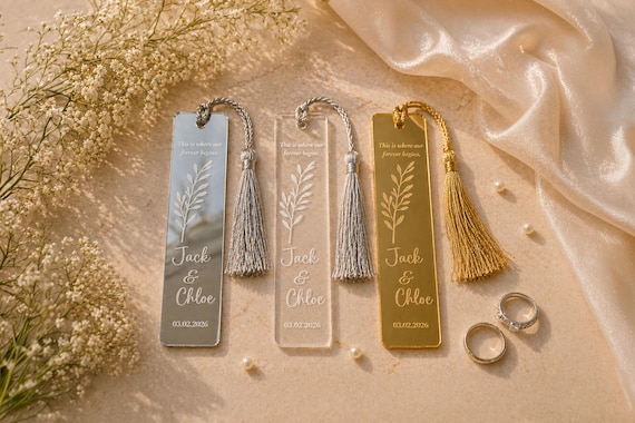 25 PCS Personalized Wedding Bookmark Favors Bulk, Custom Name Wedding Favors, Acrylic Bookmark with Tassel, Guest Gift, Bridal Shower Favor