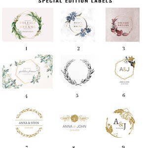 Puede incluir: Nueve dise&ntilde;os diferentes para etiquetas de boda. Las etiquetas presentan coronas de flores, marcos geom&eacute;tricos y caligraf&iacute;a. El texto en las etiquetas incluye "Foliage Dreams", "Hazel Bruno", "A&J Anna & John 22-04-2020" y "Beautiful Golden Frame".