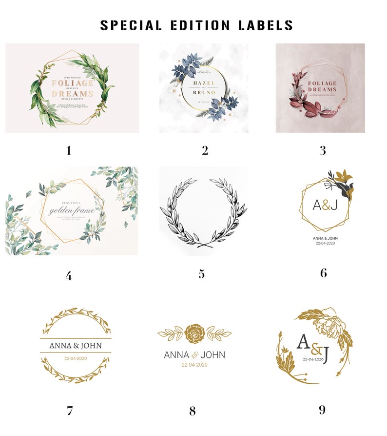 Puede incluir: Nueve dise&ntilde;os diferentes para etiquetas de boda. Las etiquetas presentan coronas de flores, marcos geom&eacute;tricos y caligraf&iacute;a. El texto en las etiquetas incluye "Foliage Dreams", "Hazel Bruno", "A&J Anna & John 22-04-2020" y "Beautiful Golden Frame".