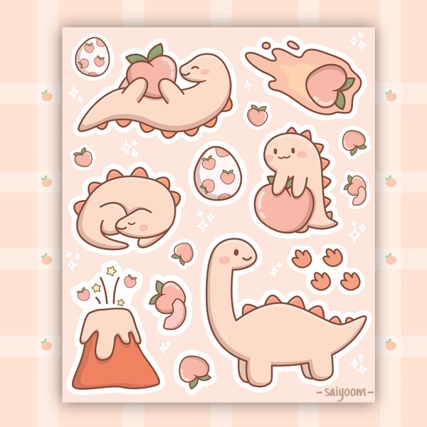 Adorable Kawaii Peach Dinosaurs Stikcer Sheet 0 Residue Journal Laptop Stickers