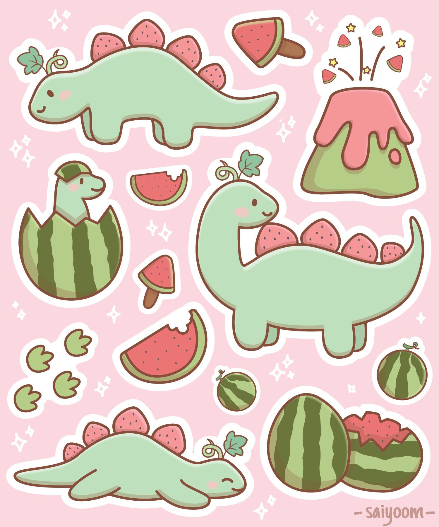 Kawaii Watermelon Dino Dinosaur Sticker Sheet Zero Residue 5x6 Etsy