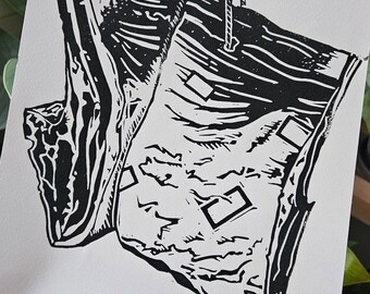 Impressions de boucherie, impression d'art « Hanging Ribs » fait main A4 Lino, cadeau de boucherie, tenture murale, décoration