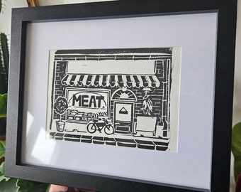Impressions de bouchers, art de la boutique, impressions lino A5 faites main, boucherie, cadeau, suspension murale, décoration