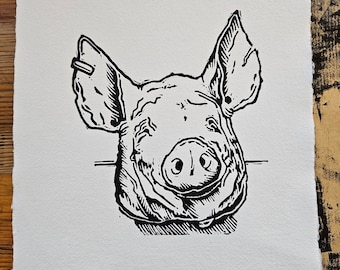 Impressions de boucherie, oeuvre d'art, impressions lino A4 faites main « tête de cochon », cadeau de boucherie, tenture murale, décoration