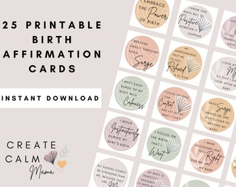 Set of 25 PRINTABLE birth affirmation cards, downloadable positive birth affirmations, hypnobirthing printables