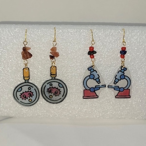 Science Geeks Cheer!  Drop Earrings - Microscope and Magnified Bacterium.