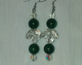 Green drop bead earrings with clear glass swirly unique beads