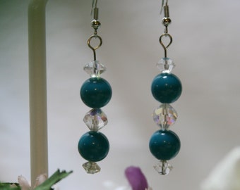 Teal & Crystal glass beaded drop earring