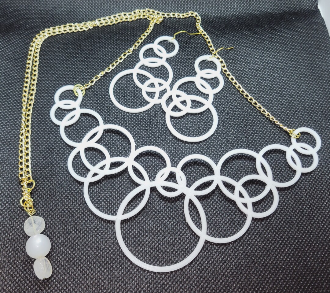Bubbles Jewelry Set Necklace and Earrings, Geometric Circles in White