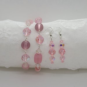 Glass Beaded Pink set of Bracelets & Earrings (fishhook or clip on available)