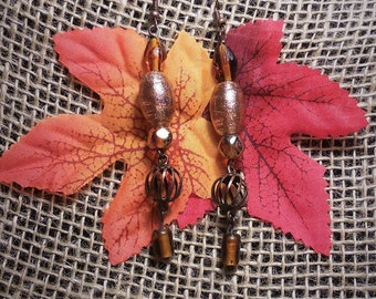Beautiful Autumn colors in beaded drop earrings with metal and glass beads.
