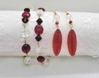 Red Faceted Bead Bracelet and Earring Set: Gold Findings