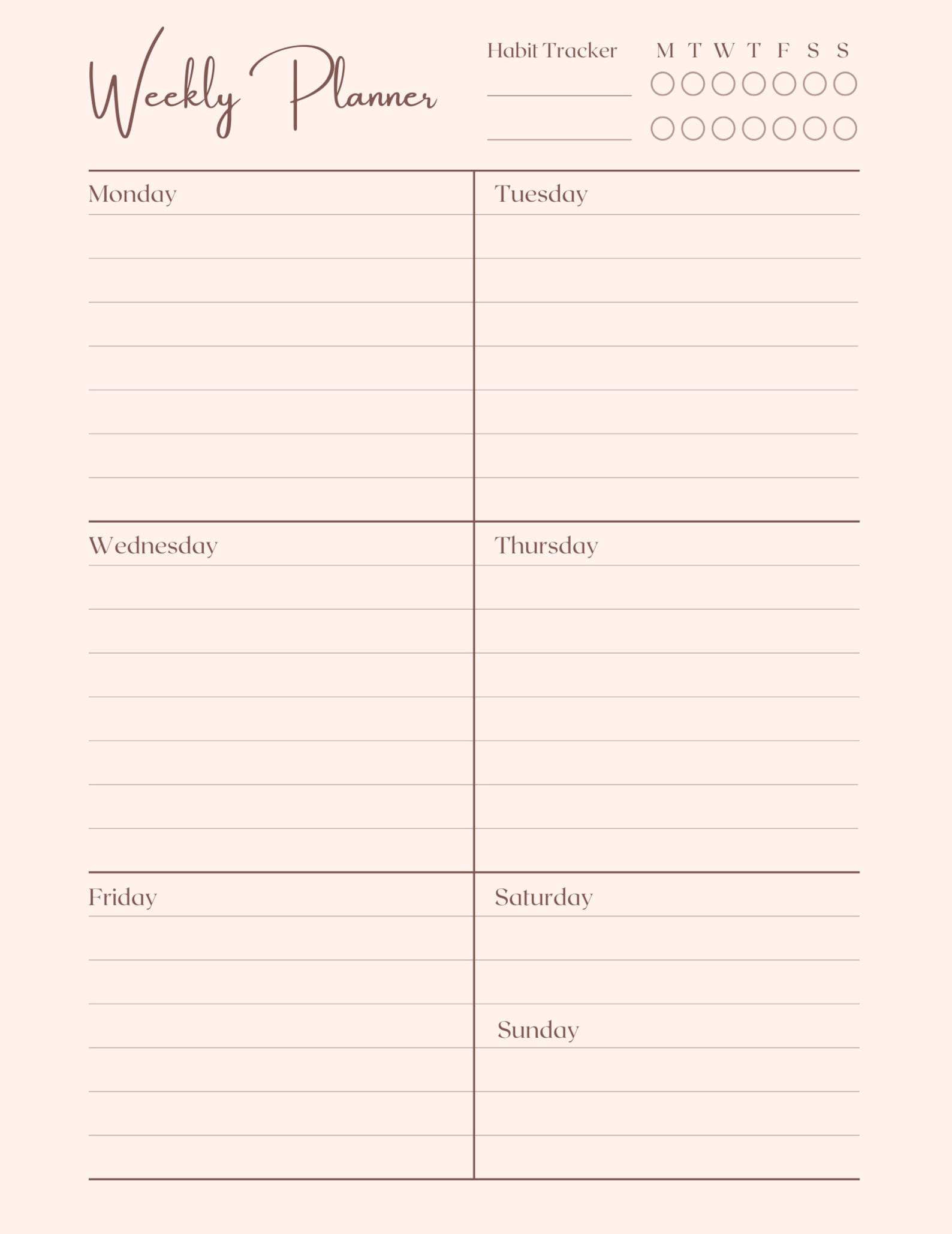Simple Weekly Planner Letter Size Printable Digital | Etsy