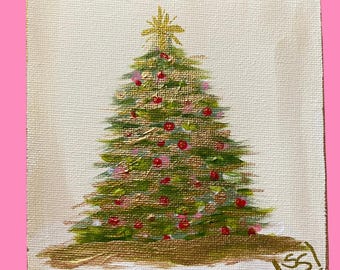 Mini Christmas Tree Canvas Painting – 5x5 Original Art