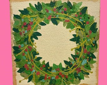 Holiday Wreath Mini Canvas Painting – 5x5 Original Art