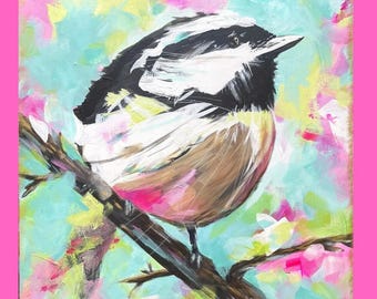 Chickadee Art Print – Whimsical Bird Painting, Colorful Home Decor