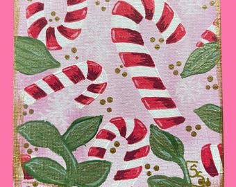 Pink Candy Cane Cheer – Hand-Painted Holiday 5x5 Canvas