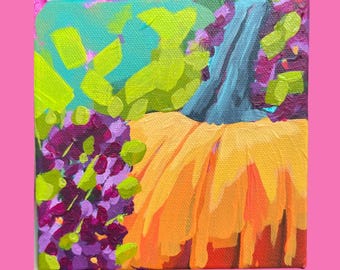 Original Fall Pumpkin Mum Acrylic Painting on 6x6 canvas
