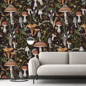 Autumn Mushrooms Peel and Stick Wallpaper, Tropical Forest Wallpaper, Seamless Self-Adhesive Removable Wallpaper, Wall Art, Wallcovering image 1