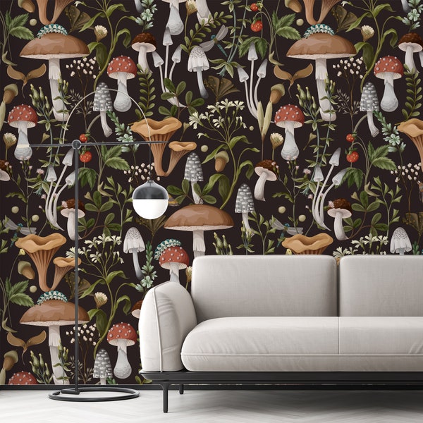 Autumn Mushrooms Peel and Stick Wallpaper, Tropical Forest Wallpaper, Seamless Self-Adhesive Removable Wallpaper, Wall Art, Wallcovering