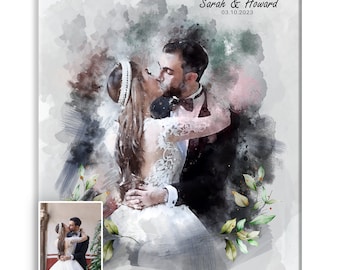 Custom Wedding Canvas, Portrait Painting From Photo, Personalized Wall Art, Anniversary Present, Gift For Her, Watercolor Effect