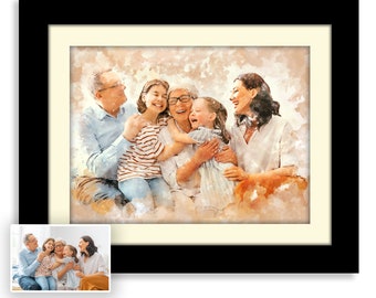 Custom Group Family Watercolor Effect Portrait, Personalized Painting From Photo, Wall- Hanging Decor, Christmas Gift For Grandparents