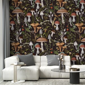 Autumn Mushrooms Peel and Stick Wallpaper, Tropical Forest Wallpaper, Seamless Self-Adhesive Removable Wallpaper, Wall Art, Wallcovering image 4