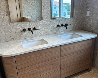 Art Deco Walnut Veneer Vanity: Curved Front Bathroom Design