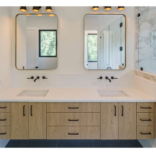 White Oak Floating Bathroom Vanity: Book Matched Wood Grain
