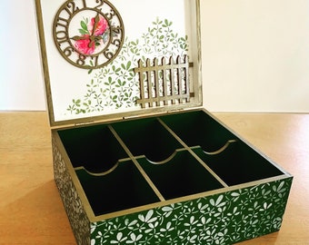 Falling Roses Tea Chest . Six Partition Wooden Box, Organizer with 6 Compartments