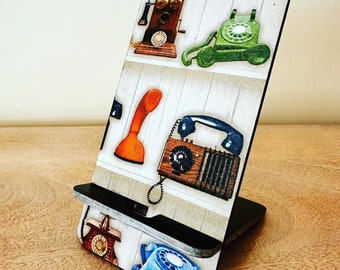 Phone Holder. Mobile Stand. Vintage Telephone Theme. Wooden Handmade