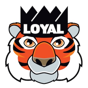 May include: A cartoon tiger wearing a black crown with the word "LOYAL" written in white letters on the crown.