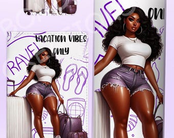 Etiqueta de equipaje personalizada para porta pasaporte y vaso de viaje para chica negra