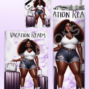 Custom Personalized Vacation Ready Black Girl Traveling Set Tumbler Passport Holder Luggage Tag Gift for Her Travel Accessories Girls Trip