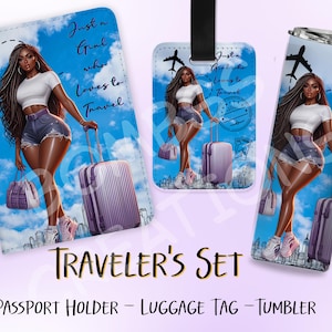 Custom Made Personalized Black Girl Travel Set Tumbler Passport Holder Luggage Tag