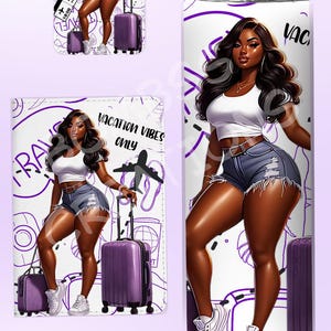 Custom Personalized Vacation Ready Black Girl Traveling Set Tumbler Passport Holder Luggage Tag Gift for Her Travel Accessories Girls Trip