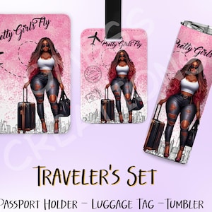 Custom Made Personalized Black Girl Travel Set Tumbler Passport Holder Luggage Tag