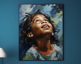 Digital Wall Art Of African Child Looking Upwards, Instant Downloadable File, Impressionist Portrait Of A Black Child, Digital Wall Decor