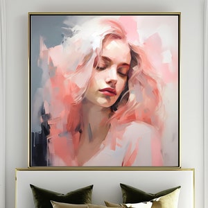 Lichtroze muurkunst met vrouwenportret, downloadbare muurkunst| digitaal bestand voor woonkamer-, slaapkamer- of badkamerinrichting| impressionistische stijl