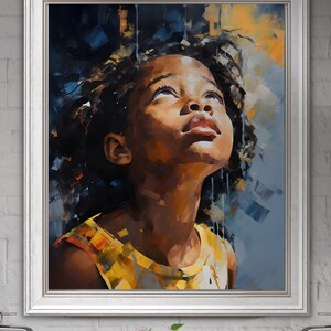 May include: A digital wall art print featuring a painting of a young girl with dark skin looking up at the sky. The painting is done in a realistic style with a focus on the girl's face and expression. The background is a mix of blue, yellow, and white.