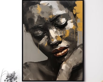 Digital Portrait of an African Woman, Printable Decoration, Art Printing Decorating, Impressionist Artwork of Black Woman in Grey and Gold