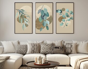 Set di 3 stampe artistiche da parete scaricabili di eucalipto, stampe artistiche di piante stampabili per decorazioni terrose per stanze, decorazioni boho per decorazioni da parete per ufficio in casa