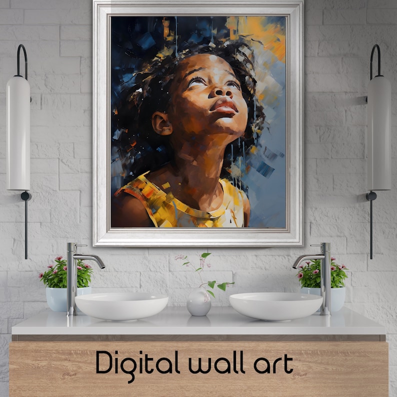 May include: A digital wall art print featuring a painting of a young girl with dark skin looking up at the sky. The painting is done in a realistic style with a focus on the girl's face and expression. The background is a mix of blue, yellow, and white.