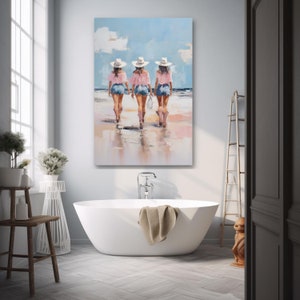 Cowboy girls walking on the beach wearing cowboy boots and hats in subtle tones of pink and blue, ideal for Dorm decor for college girls