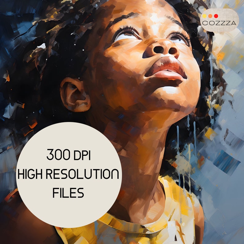 May include: A digital painting of a young person with dark brown skin and dark curly hair looking up at the sky. The person is wearing a yellow shirt. The painting is in a high resolution and 300 DPI.