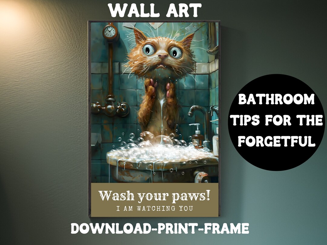 Funny Bathroom Wall Art, Decor Toilet Poster With Cat Downloadable Wall ...