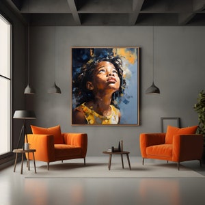 May include: A painting of a young girl with dark skin and brown eyes looking up at the sky. She is wearing a yellow and white patterned dress. The painting is done in a realistic style with a soft, muted color palette.