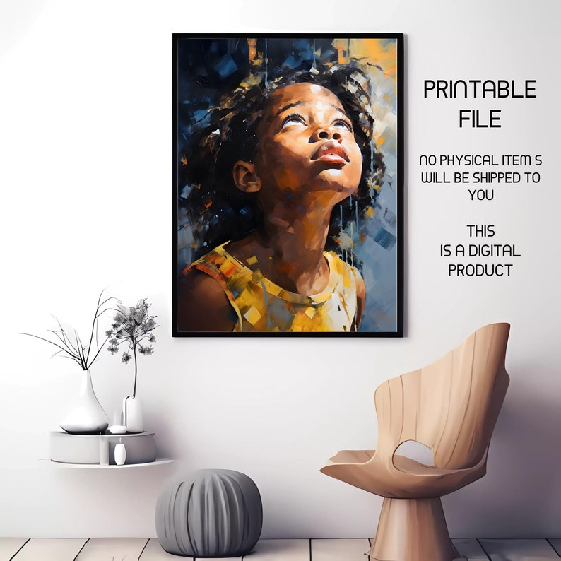 May include: A digital painting of a young girl with dark skin and brown eyes looking up at the sky. The girl is wearing a yellow tank top and has dark hair. The background is a blue and gray abstract design.