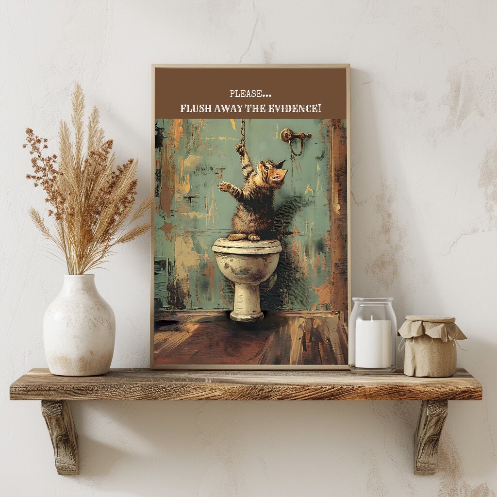 Funny Bathroom Wall Art, Decor Toilet Poster With Cat, Vintage ...