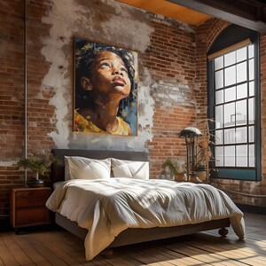 May include: A bedroom with a large window, exposed brick walls, and a bed with white bedding. A painting of a young girl looking up is hanging on the wall.